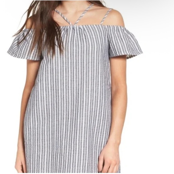 Lush Dresses & Skirts - Linen LUSH DRESS Cold Shoulder Cotton Blend Size M Blue White